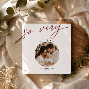 So Very Merry Red Script Circle Christmas Photo  Holiday Card