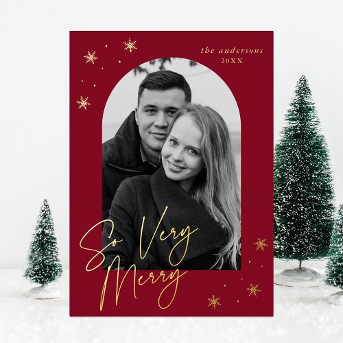 So Very Merry Script Arch Photo Cranberry and Gold Foil Holiday Card
