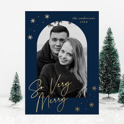 So Very Merry Script Arch Photo Navy and Gold Foil Holiday Card