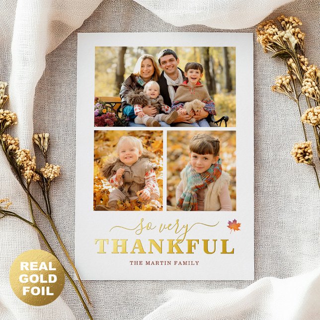 So Very Thankful Thanksgiving Photo Collage Foil Holiday Card (Creator Uploaded)