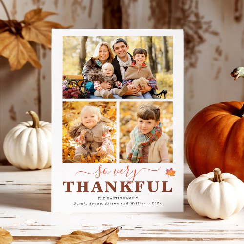 So Very Thankful Three Photo Collage Thanksgiving Holiday Card