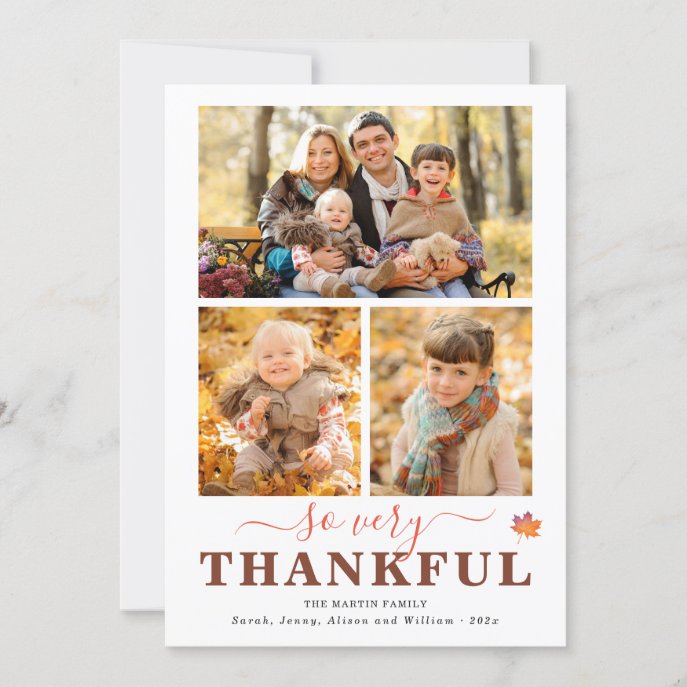 So Very Thankful Three Photo Collage Thanksgiving Holiday Card