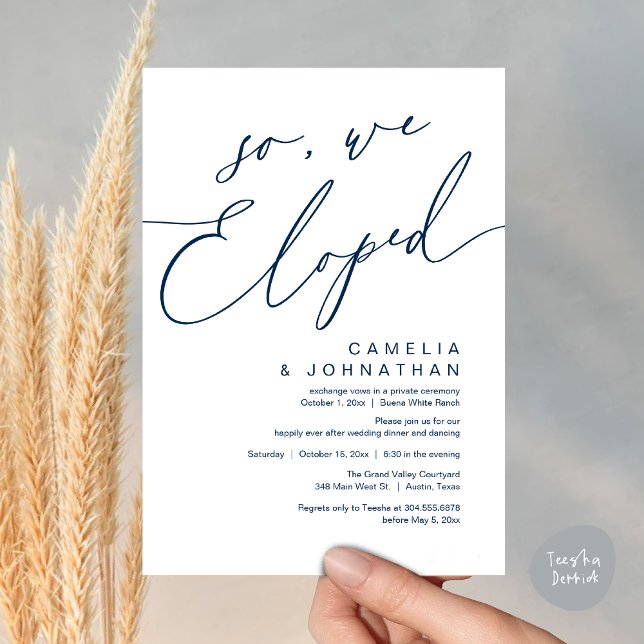 So, We Eloped Modern Romantic Wedding Dinner Party Invitation (So, We Eloped, Modern Romantic Wedding Dinner Brunch Lunch Party Invitation Card PDF Navy Blue)