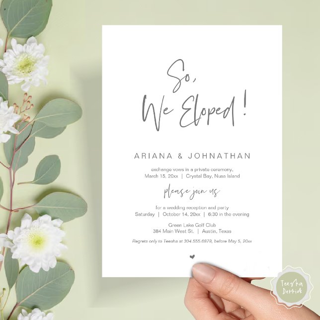 So, We Eloped, Modern Wedding Elopement Dinner Invitation (So, We Eloped, Modern Wedding Elopement Dinner Invitation Card, PDF, in Dark Grey)