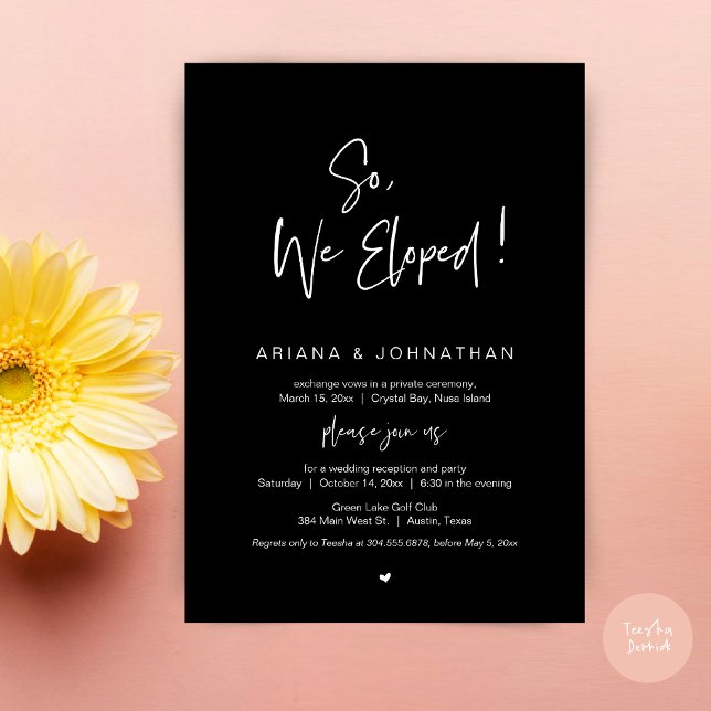 So, We Eloped, Modern Wedding Elopement Dinner Invitation (So, We Eloped, Modern Wedding Elopement Dinner Invitation Card, PDF, in Classy Black)
