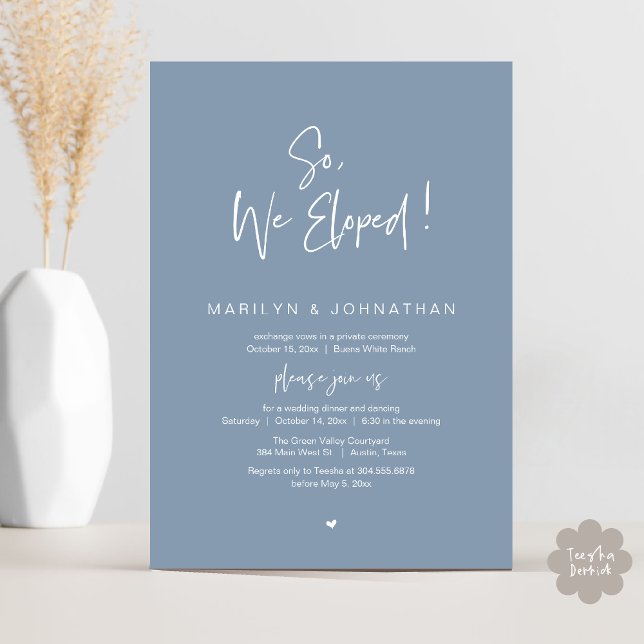 So, We Eloped, Modern Wedding Elopement Dinner Invitation (So, We Eloped, Modern Classy Wedding Elopement Dinner Party Invitation Card PDF Dusty Blue)
