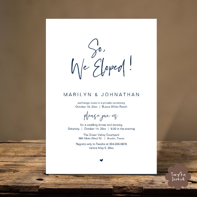 So, We Eloped, Modern Wedding Elopement Dinner Invitation (So, We Eloped, Modern Classy Wedding Elopement Dinner Party Invitation Card PDF Navy Blue)