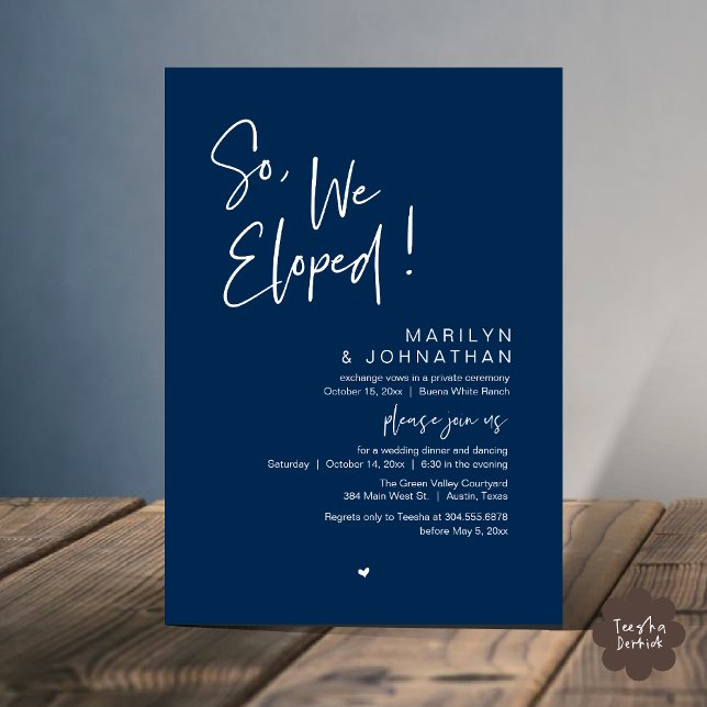 So, We Eloped, Modern Wedding Elopement Dinner Invitation (So, We Eloped, Modern Classy Wedding Elopement Dinner Party Invitation Card PDF Navy Blue)