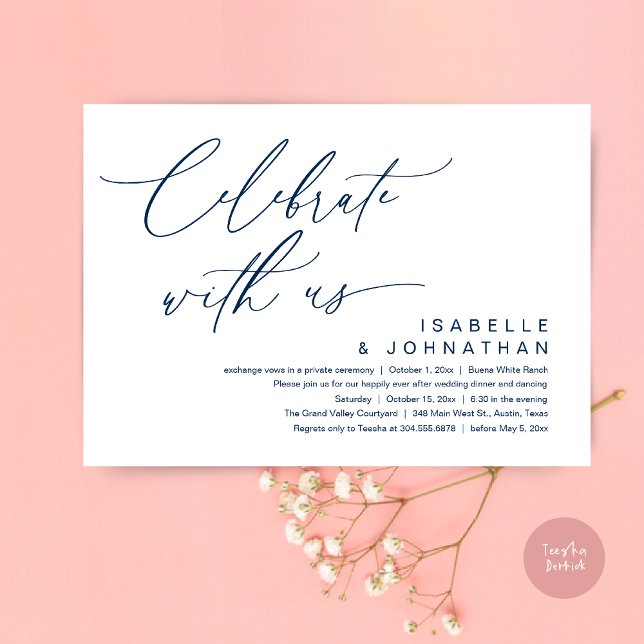 So, We Eloped, Romantic Wedding Dinner Party Invitation (Romantic Wedding Dinner Party, Celebrate with us Lunch Brunch Modern Invites Card  PDF Navy Blue)