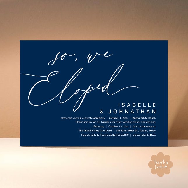 So, We Eloped, Romantic Wedding Dinner Party Invitation (So, We Eloped, Modern Romantic Wedding Dinner Brunch Lunch Party Invitation Card PDF Navy Blue)