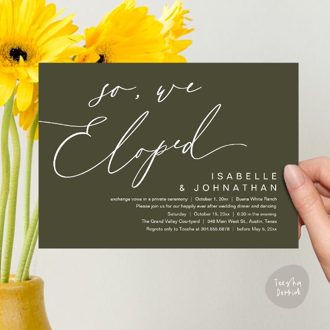 So, We Eloped, Romantic Wedding Dinner Party Invitation (So, We Eloped, Modern Romantic Wedding Dinner Brunch Lunch Party Invitation Card PDF Olive Green)