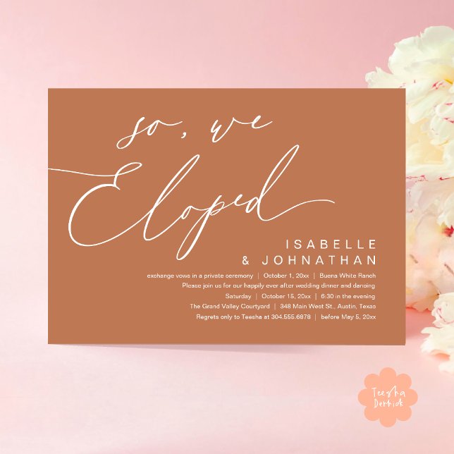 So, We Eloped, Romantic Wedding Dinner Party Invitation (So, We Eloped, Modern Romantic Wedding Dinner Brunch Lunch Party Invitation Card PDF Copper Brown)