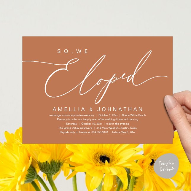 So, We Eloped, Romantic Wedding Elopement Party Invitation (So, We Eloped, Modern Romantic Wedding Dinner Brunch Lunch Party Invitation Card PDF Copper Earthy)