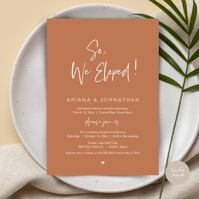 So, We Eloped, Wedding Elopement, in Copper Rust Invitation (So, We Eloped, Modern Wedding Elopement Dinner Invitation Card, PDF, in Copper Rust)