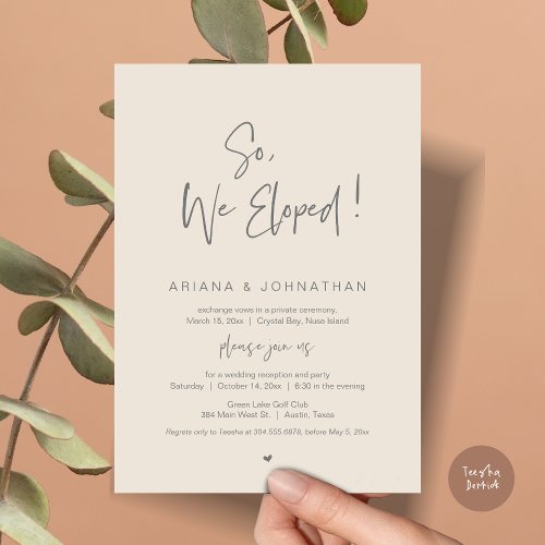 So We Eloped Wedding Elopement in Grey Cream Invitation