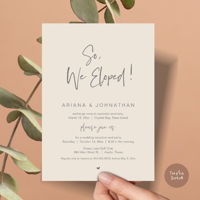 So, We Eloped, Wedding Elopement, in Grey Cream Invitation (So, We Eloped, Modern Wedding Elopement Dinner Invitation Card, PDF, in Cream and Grey)