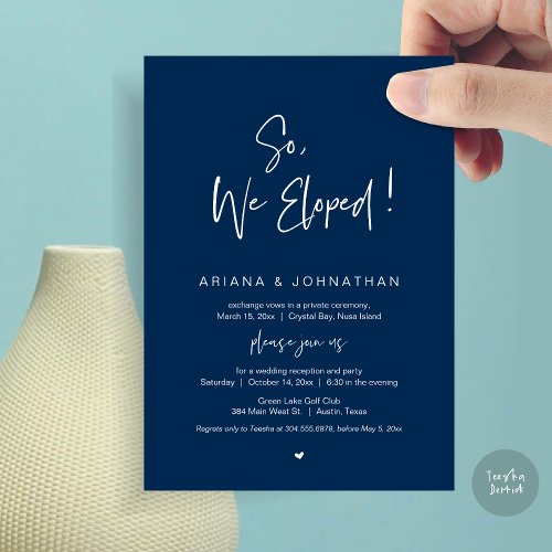 So We Eloped Wedding Elopement in Navy Blue Invitation