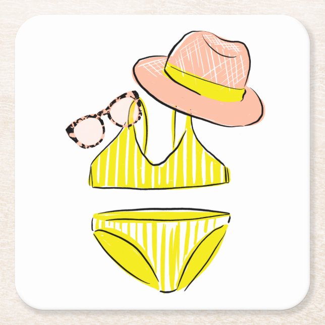 Soak up the Sun - Yellow Swimsuit Square Paper Coaster (Front)