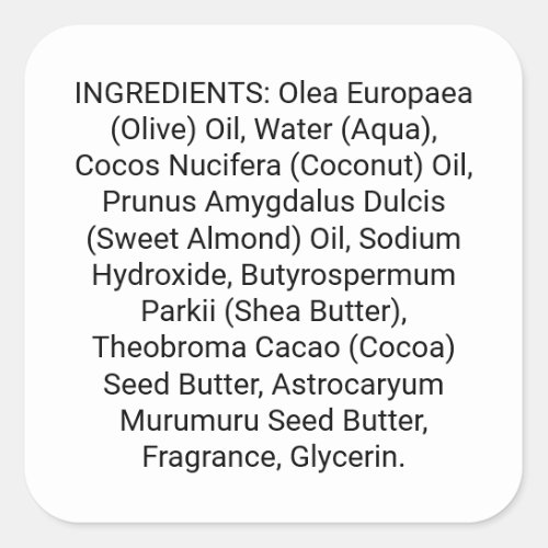 Soap or Skincare Ingredient Listing Product Label