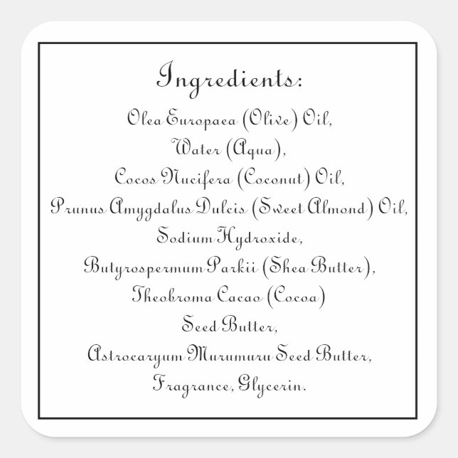 Soap Skincare Ingredient Listing Product Framed Square Sticker (Front)