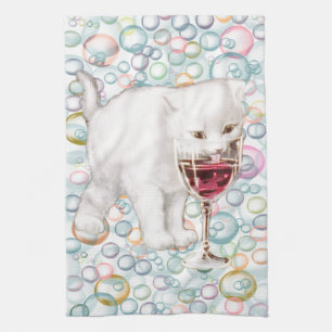 Soapy Bubbles Red Wine Drinker Kitten Tea Towel