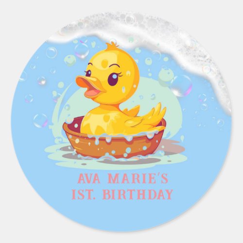 Soapy Yellow Rubber Duck Girl 1st birthday Party Classic Round Sticker
