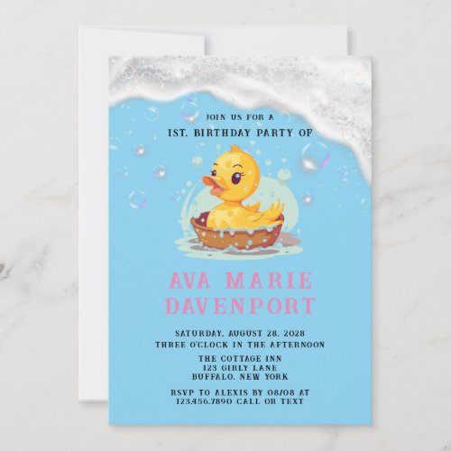 Soapy Yellow Rubber Duck Girl 1st Birthday Party Invitation