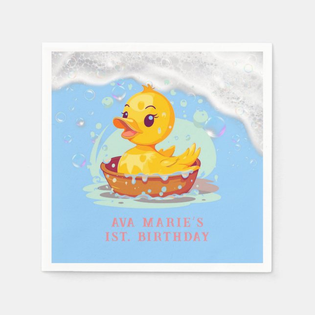 Soapy Yellow Rubber Duck Girl 1st birthday Party Napkins (Front)