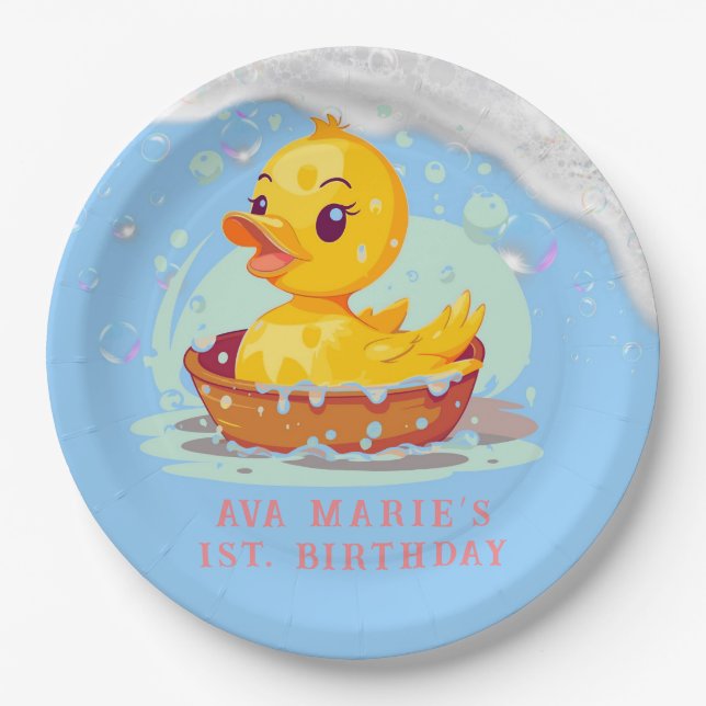 Soapy Yellow Rubber Duck Girl 1st birthday Party Paper Plates (Front)