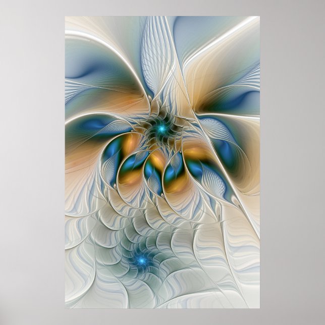 Soaring, Abstract Fantasy Fractal Art With Blue Poster (Front)