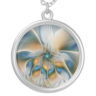 Soaring, Abstract Fantasy Fractal Art With Blue Silver Plated Necklace