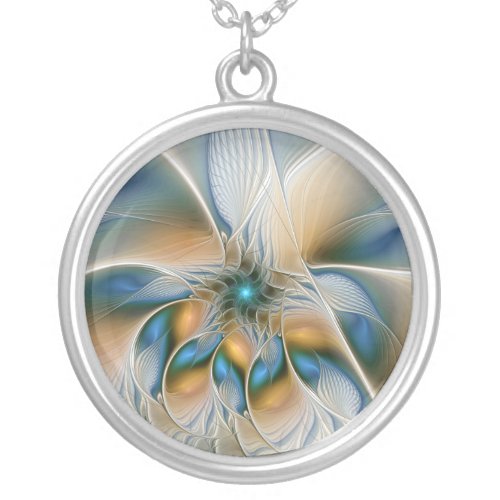 Soaring Abstract Fantasy Fractal Art With Blue Silver Plated Necklace