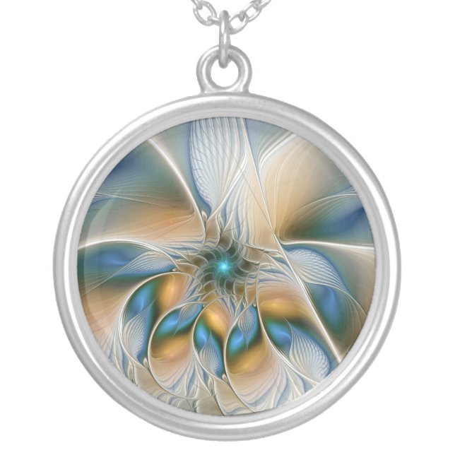 Soaring, Abstract Fantasy Fractal Art With Blue Silver Plated Necklace (Front)