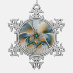 Soaring, Abstract Fantasy Fractal Art With Blue Snowflake Pewter Christmas Ornament