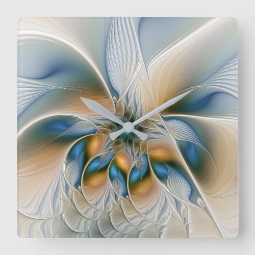 Soaring Abstract Fantasy Fractal Art With Blue Square Wall Clock