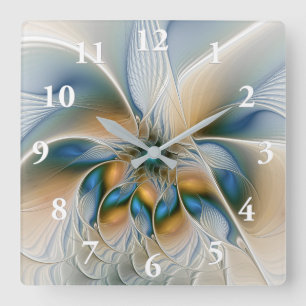 Soaring, Abstract Fantasy Fractal Art With Blue Square Wall Clock