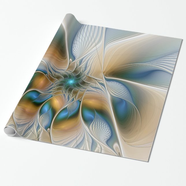 Soaring, Abstract Fantasy Fractal Art With Blue Wrapping Paper (Unrolled)
