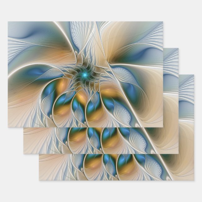 Soaring, Abstract Fantasy Fractal Art With Blue Wrapping Paper Sheets (Set)