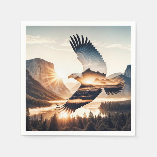 Soaring Bald Eagle Over Mountain Lake Napkins (Front)