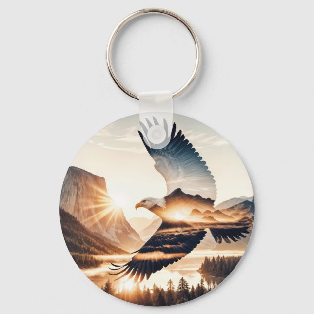 Soaring Bald Eagle Over Mountain Valley Lake Keychain (Front)