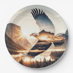 Soaring Bald Eagle Over Mountain Valley Lake Paper Plates