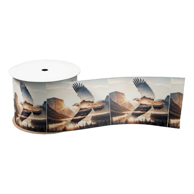 Soaring Bald Eagle Over Mountain Valley Lake Satin Ribbon (Spool)