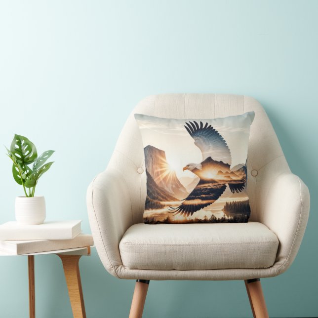 Soaring Bald Eagle Over Mountain Valley Lake Throw Pillow (Chair)