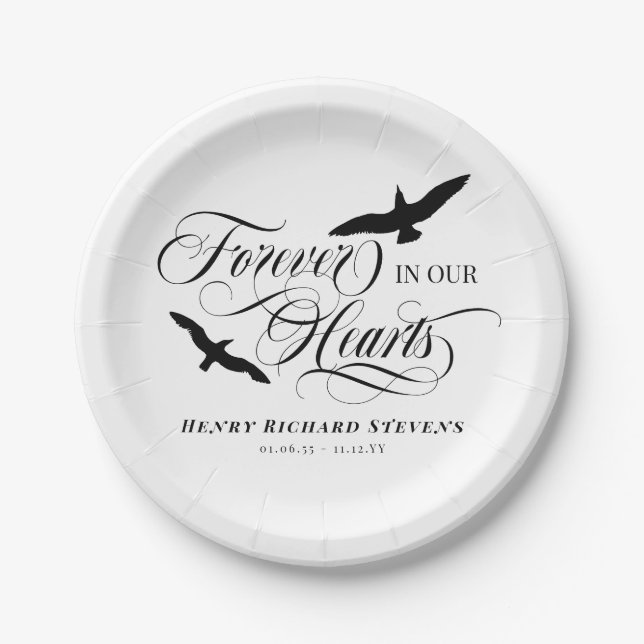 Soaring Birds Forever In Our Hearts Funeral Paper Plates (Front)