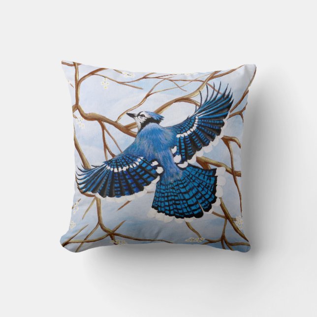 Soaring Blue Jay Throw Pillow (Front)