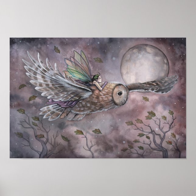 Soaring Fairy and Owl Fantasy Art Poster (Front)