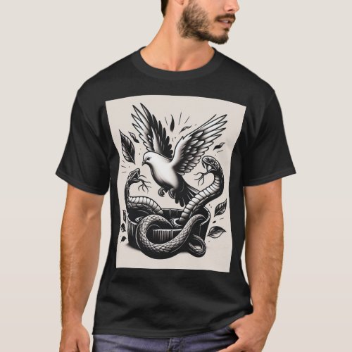 Soaring Free Dove Escapes Snake Pit Tattoo black  T_Shirt