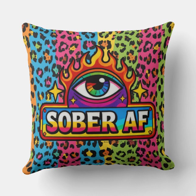 Sober AF - Rainbow Leopard Print -  Throw Pillow (Back)