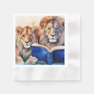Sober Lion and Cub Reading Big Book Napkins