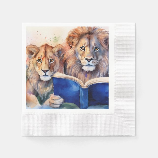 Sober Lion and Cub Reading Big Book Napkins (Front)